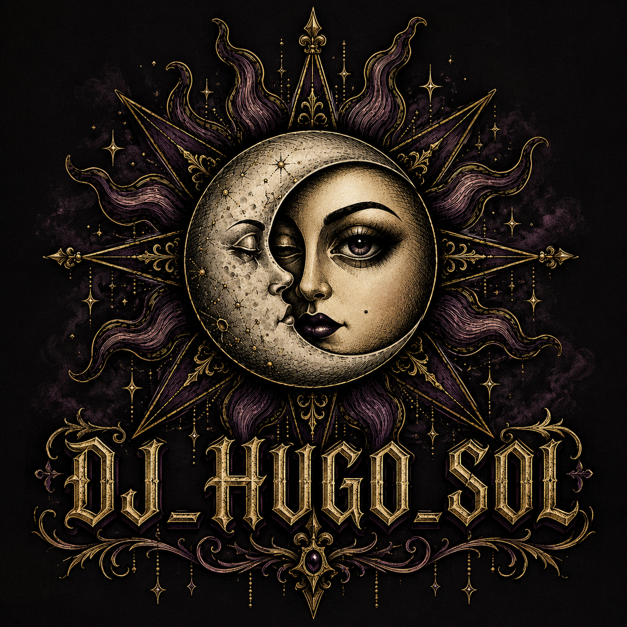 Logo de DJ_HUGO_SOL: sol y luna en dorado y morado